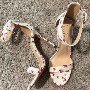 White Rosebud Suede Ankle Strap Heels
